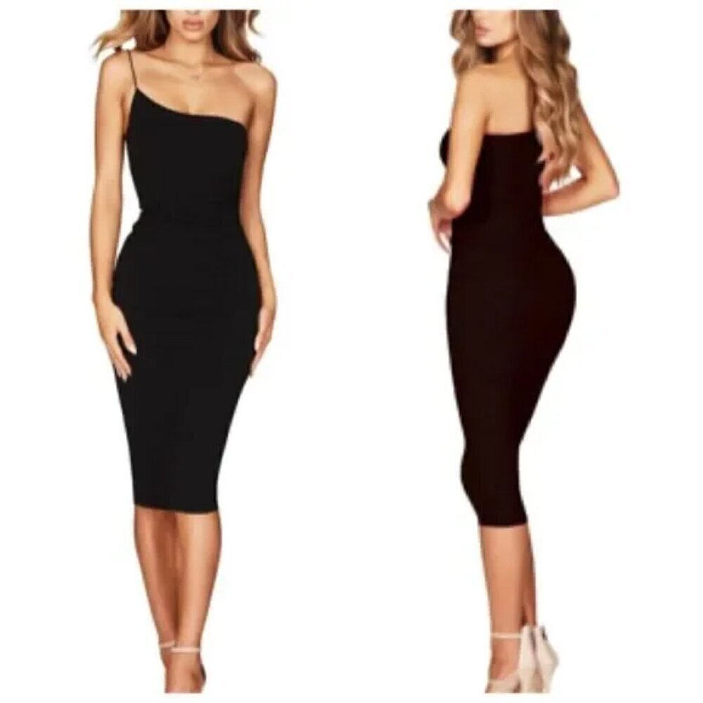 Nookie Lust One Shoulder Midi Cocktail Party Dress Small  in Black $209